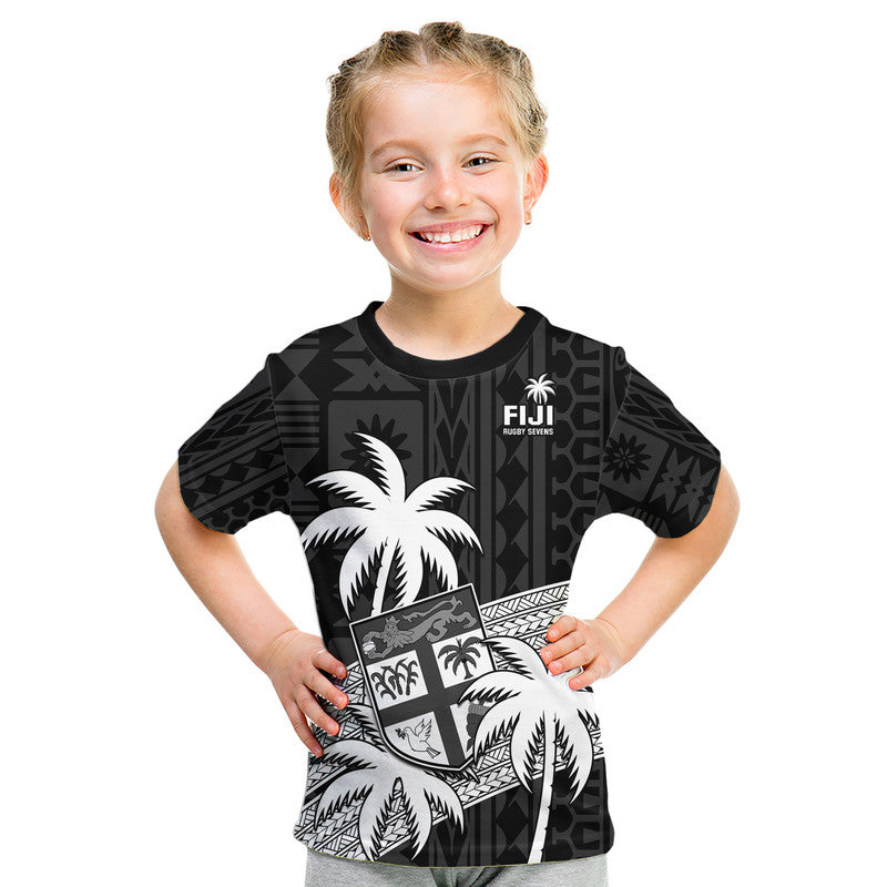 (Custom Text And Number) Fiji Rugby Sevens Kid T Shirt Tapa Palm Tree and Fijian Coat of Arms - Vibe Hoodie Shop