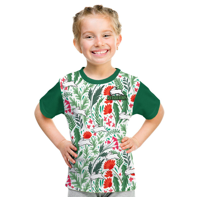 (Custom Personalised) Rabbitohs Poppy Flowers Field Kid T Shirt - Vibe Hoodie Shop