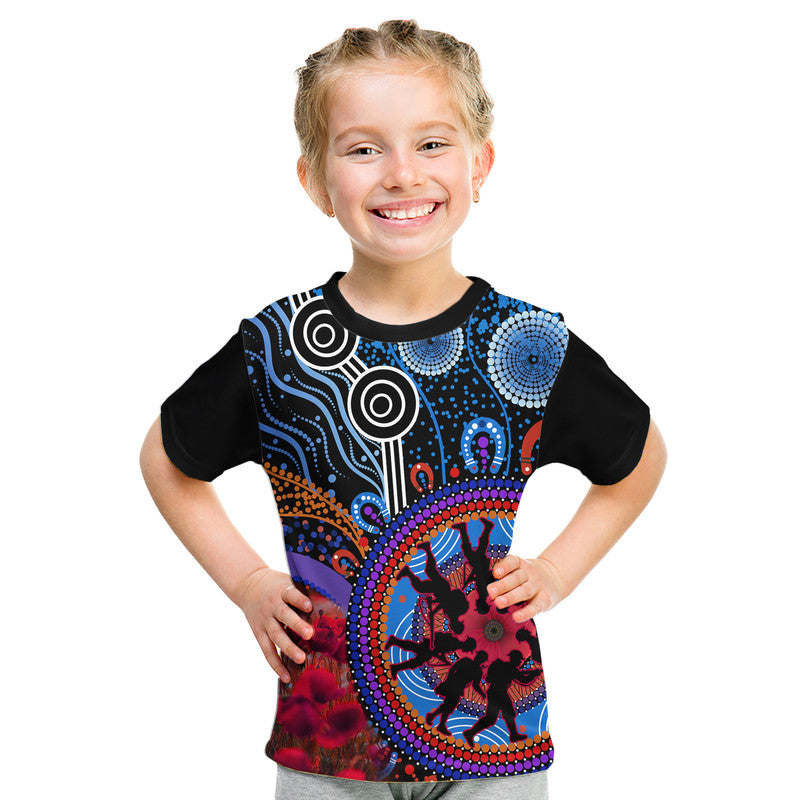 Australia ANZAC Day Kid T Shirt Aboriginal Military and Poppy Flowers Style - Vibe Hoodie Shop