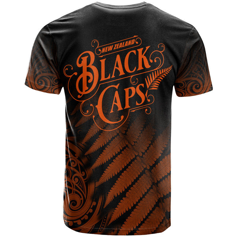 New Zealand Kiwis Cricket Team T Shirt Black Caps Silver Fern Mixed Maori Pattern Version Orange LT9 - Vibe Hoodie Shop