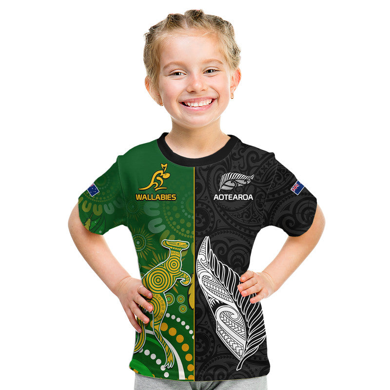 (Custom Personalised) Aotearoa Rugby All Black Combine Australia Wallabies Kid T Shirt Aboriginal Kangaroo And Maori Fern - Vibe Hoodie Shop