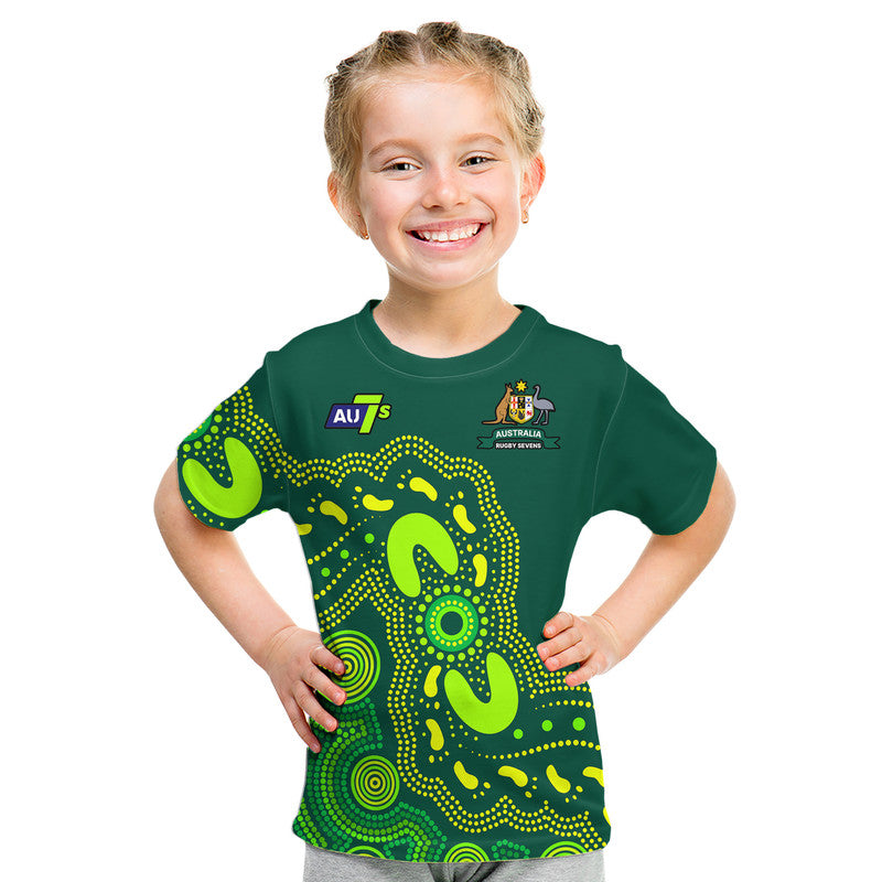 (Custom Text And Number) Australia Rugby Sevens Kid T Shirt Aboriginal - Vibe Hoodie Shop