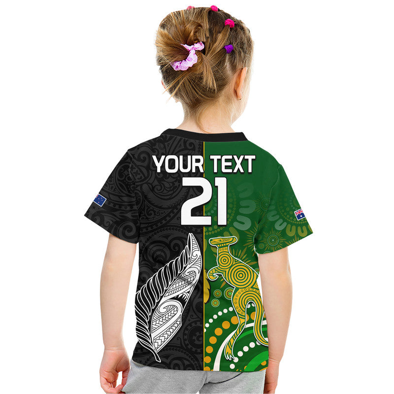 (Custom Personalised) Aotearoa Rugby All Black Combine Australia Wallabies Kid T Shirt Aboriginal Kangaroo And Maori Fern - Vibe Hoodie Shop