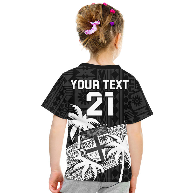 (Custom Text And Number) Fiji Rugby Sevens Kid T Shirt Tapa Palm Tree and Fijian Coat of Arms - Vibe Hoodie Shop