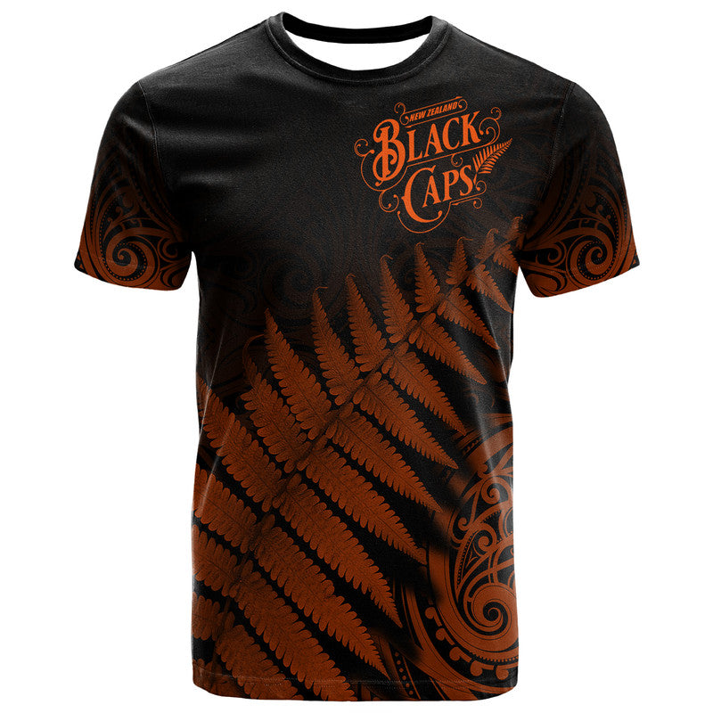 (Custom Personalised) New Zealand Kiwis Cricket Team T Shirt Black Caps Silver Fern Mixed Maori Pattern Version Orange LT9 - Vibe Hoodie Shop