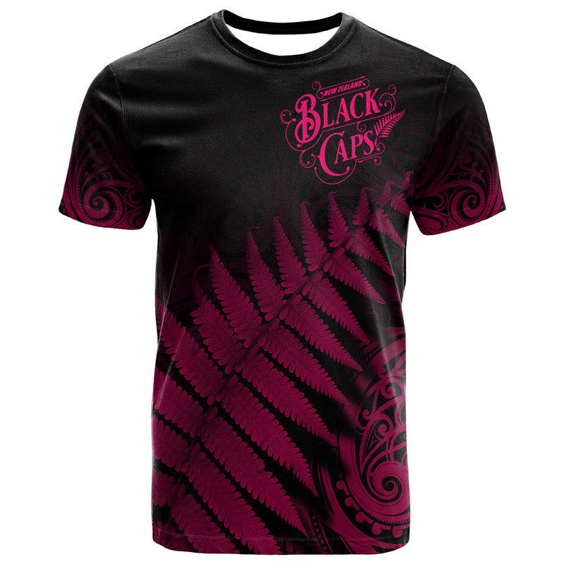 (Custom Personalised) New Zealand Kiwis Cricket Team T Shirt Black Caps Silver Fern Mixed Maori Pattern Version Pink LT9 - Vibe Hoodie Shop