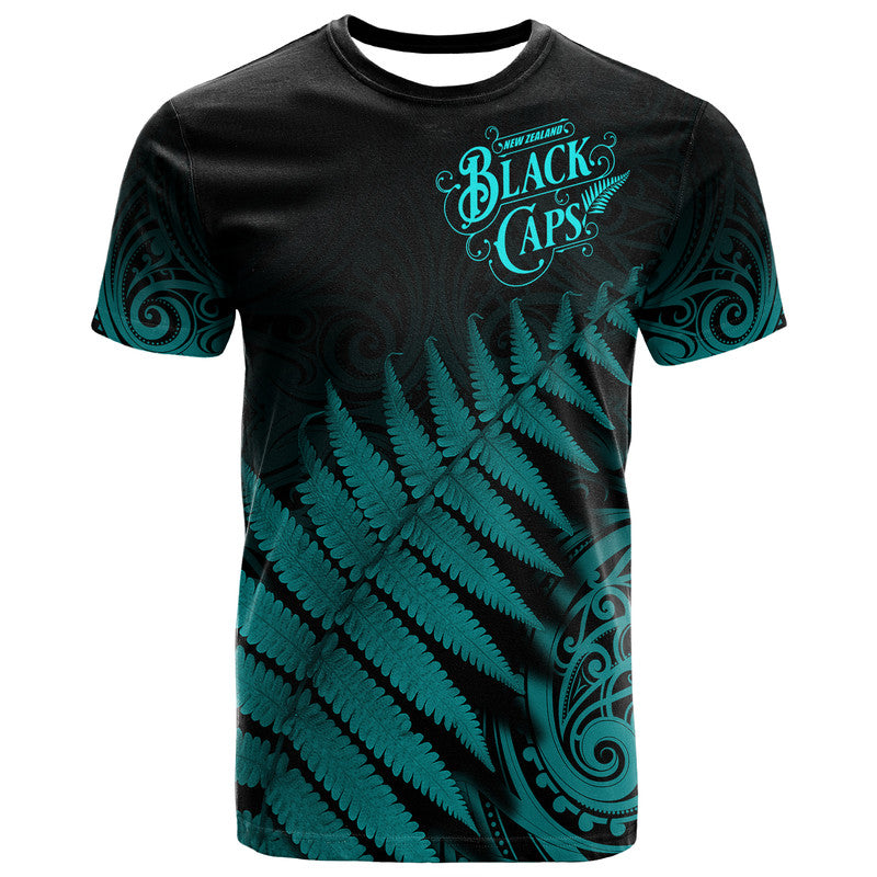 (Custom Personalised) New Zealand Kiwis Cricket Team T Shirt Black Caps Silver Fern Mixed Maori Pattern Version Turquoise LT9 - Vibe Hoodie Shop