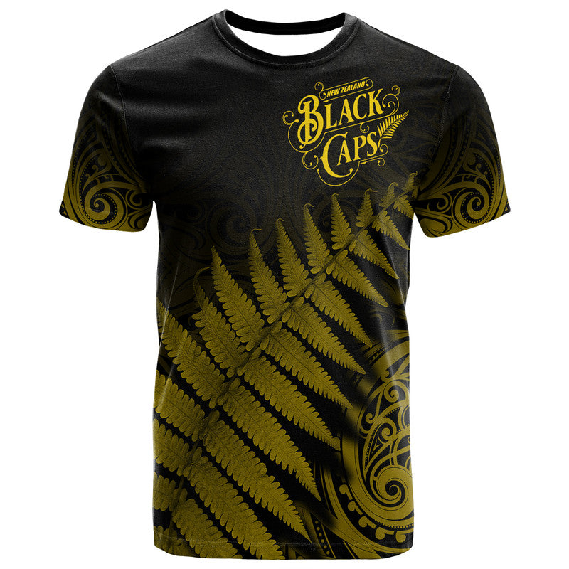 (Custom Personalised) New Zealand Kiwis Cricket Team T Shirt Black Caps Silver Fern Mixed Maori Pattern Version Gold LT9 - Vibe Hoodie Shop
