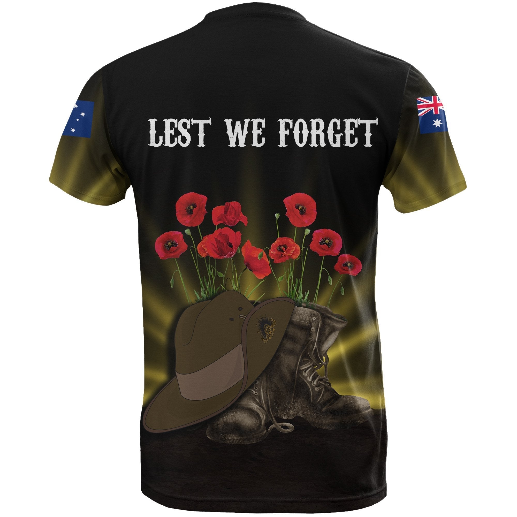 ANZAC Day T shirt - Lest We Forget Hat And Boots Poppies - Vibe Hoodie Shop