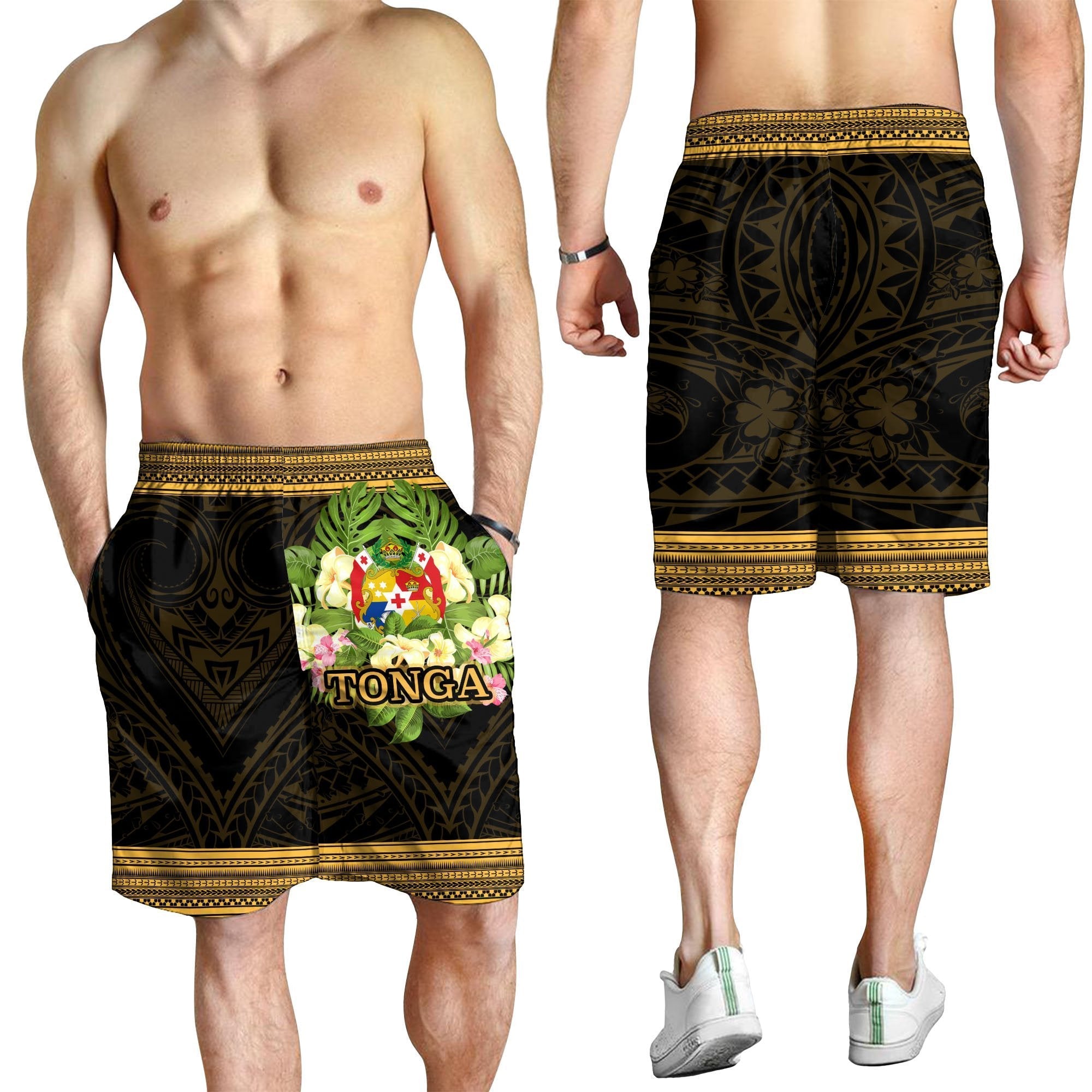 Tonga Men's Shorts - Polynesian Gold Patterns Collection - Vibe Hoodie Shop