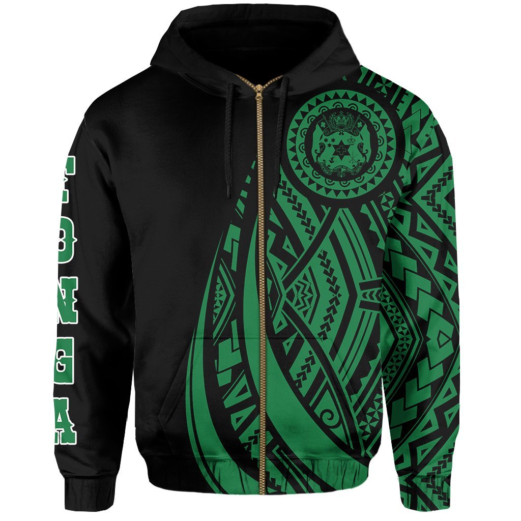 Zip Up Hoodie Tonga Polynesian Coat Of Arms Green - Vibe Hoodie Shop