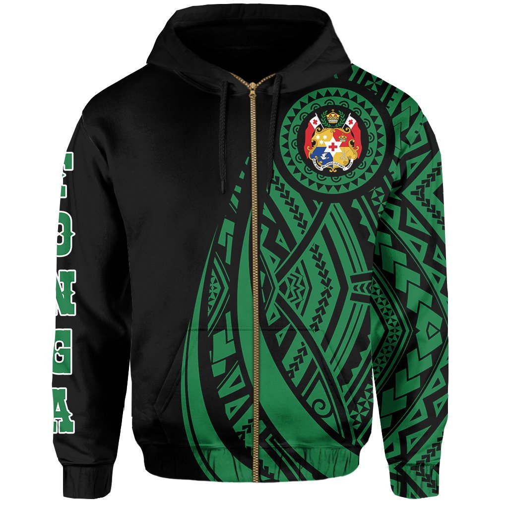 Zip Up Hoodie Tonga Polynesian Coat Of Arms Green Ver 2.0 - Vibe Hoodie Shop