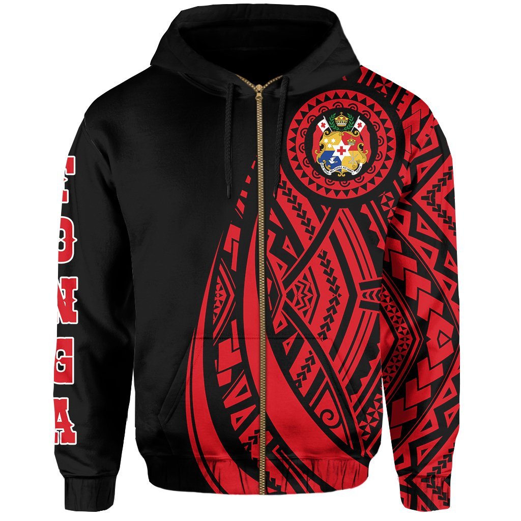 Zip Up Hoodie Tonga Polynesian Coat Of Arms Red Ver 2.0 - Vibe Hoodie Shop