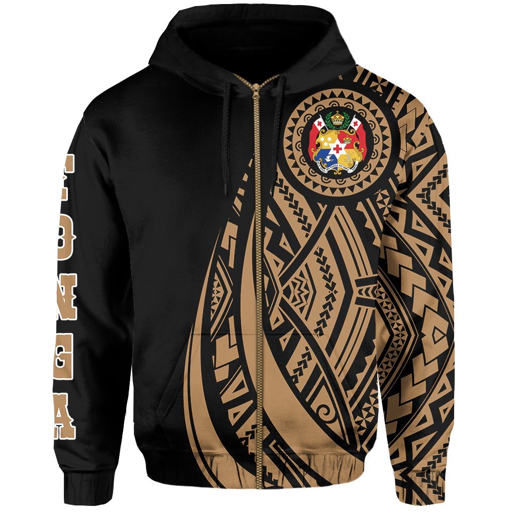 Zip Up Hoodie Tonga Polynesian Coat Of Arms Gold Ver 2.0 - Vibe Hoodie Shop