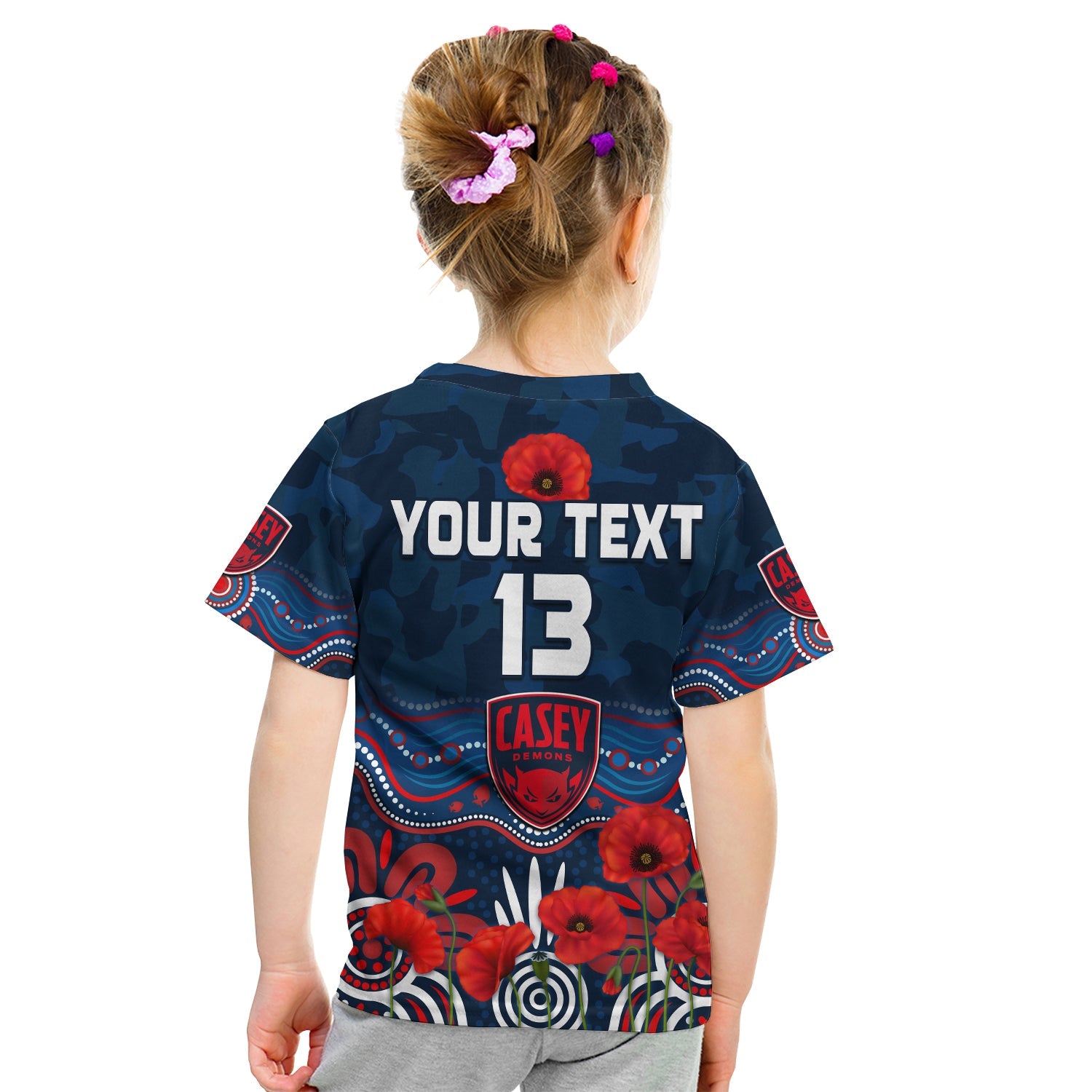 (Custom Text and Number) Demons ANZAC 2022 T shirt KID Casey Football Aboriginal Poppy - Vibe Hoodie Shop