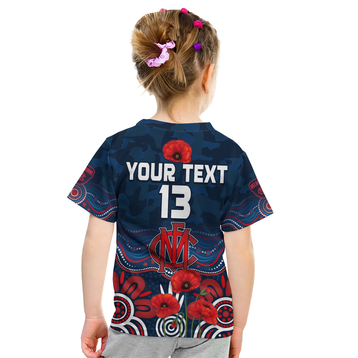 (Custom Text and Number) Demons ANZAC 2022 T shirt KID Melbourne Football Aboriginal Poppy - Vibe Hoodie Shop