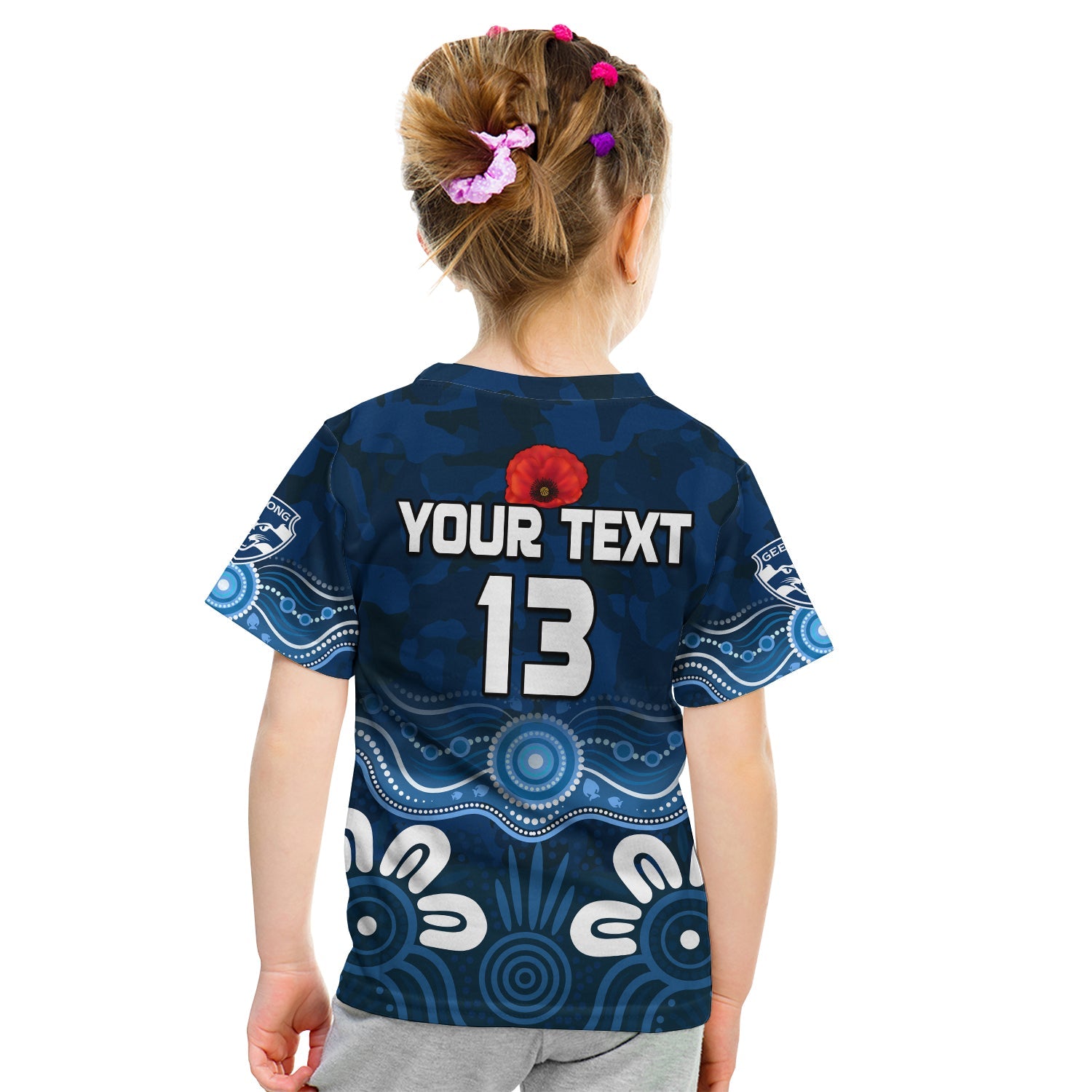 (Custom Text and Number) Cats ANZAC 2022 T shirt KID Geelong Football Aboriginal Poppy - Vibe Hoodie Shop