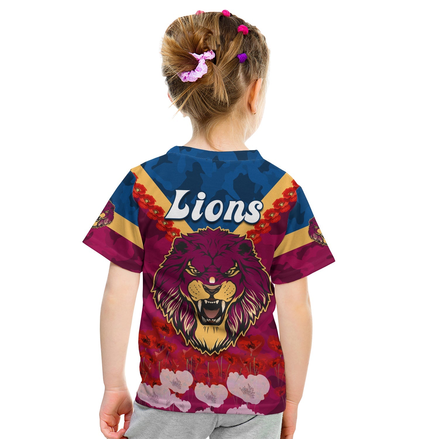 (Custom Personalised) Lions ANZAC 2022 T shirt KID Brisbane Brissie Poppy Flowers - Vibe Hoodie Shop