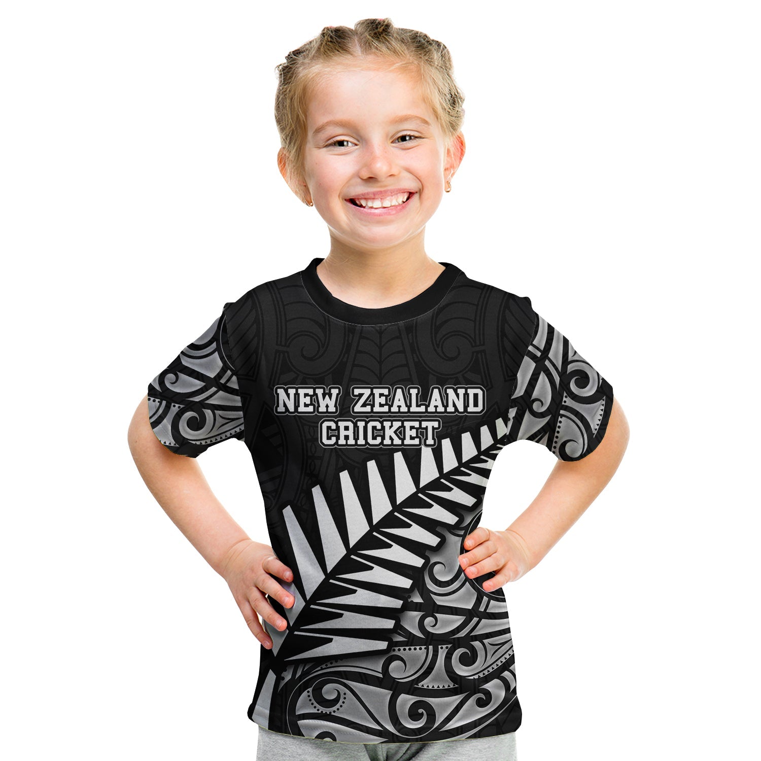 (Custom Personalised And Number) New Zealand National Cricket Team T shirt KID Maori Patterns - Vibe Hoodie Shop