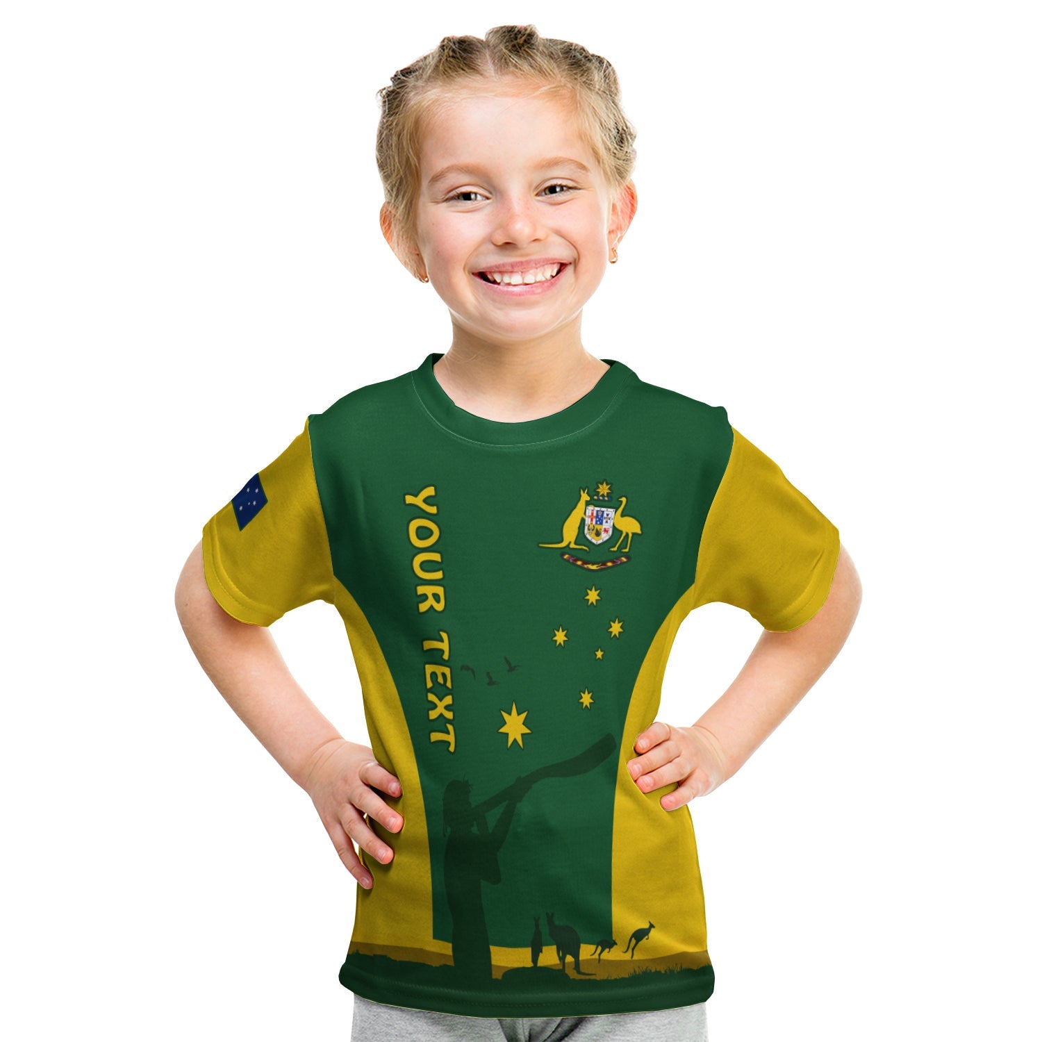 (Custom Personalised) Australia National Colours T shirt KID Green and Gold - Vibe Hoodie Shop