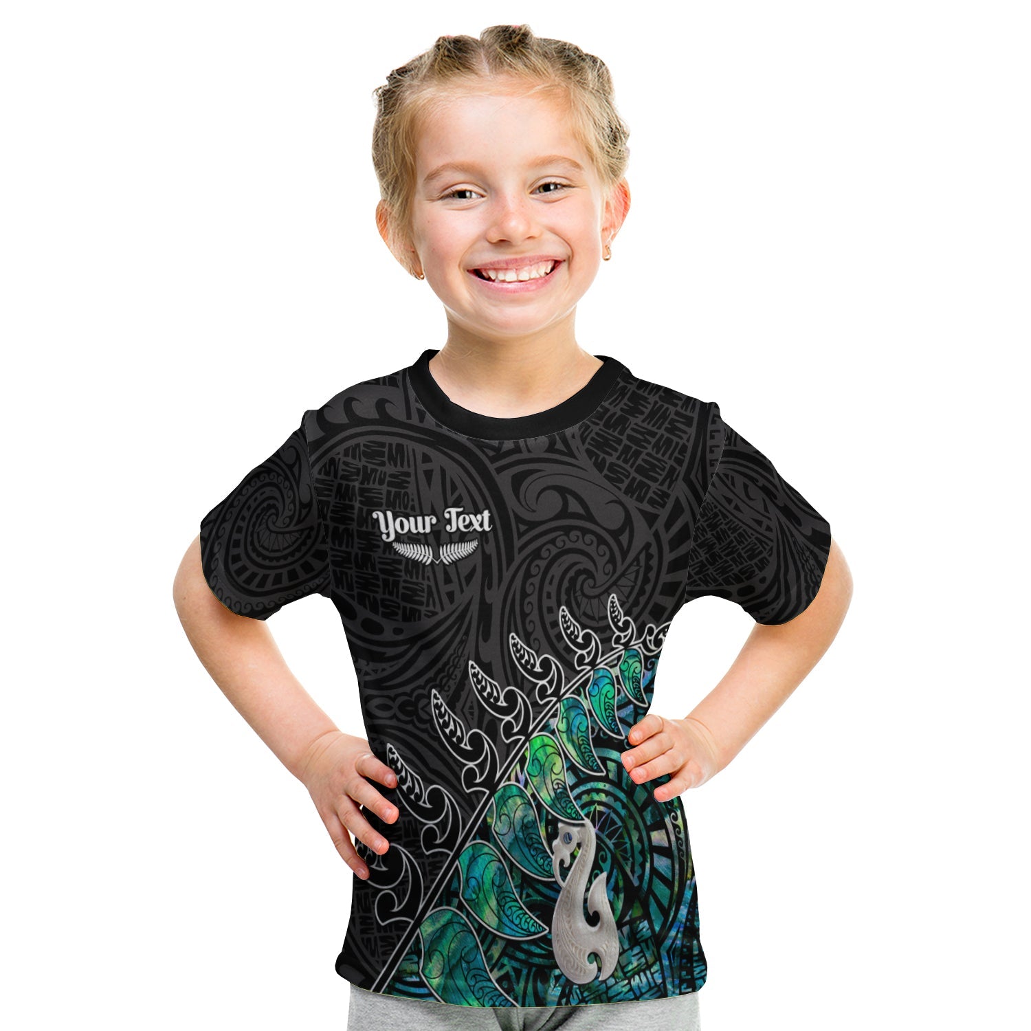 (Custom Personalised) New Zealand Maori T shirt KID Fern and Manaia Version Black - Vibe Hoodie Shop