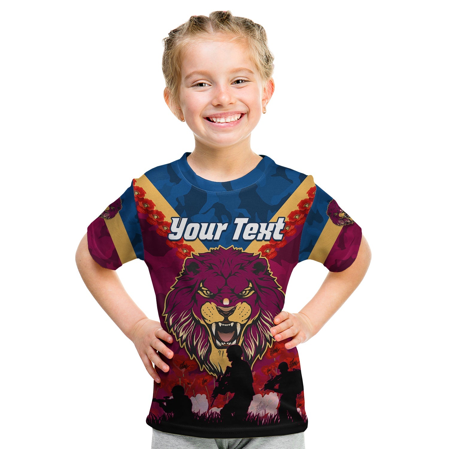 (Custom Personalised) Lions ANZAC 2022 T shirt KID Brisbane Brissie Poppy Flowers - Vibe Hoodie Shop