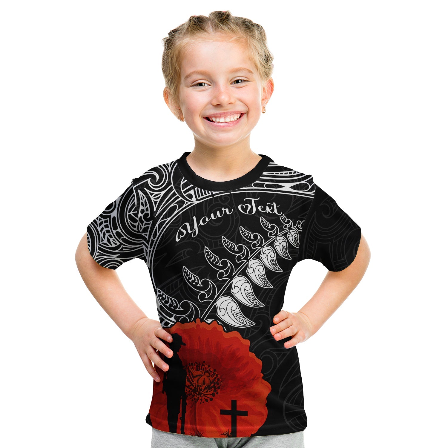 (Custom Personalised) New Zealand ANZAC 2022 T shirt KID Maori Mix Fern Poppy - Vibe Hoodie Shop