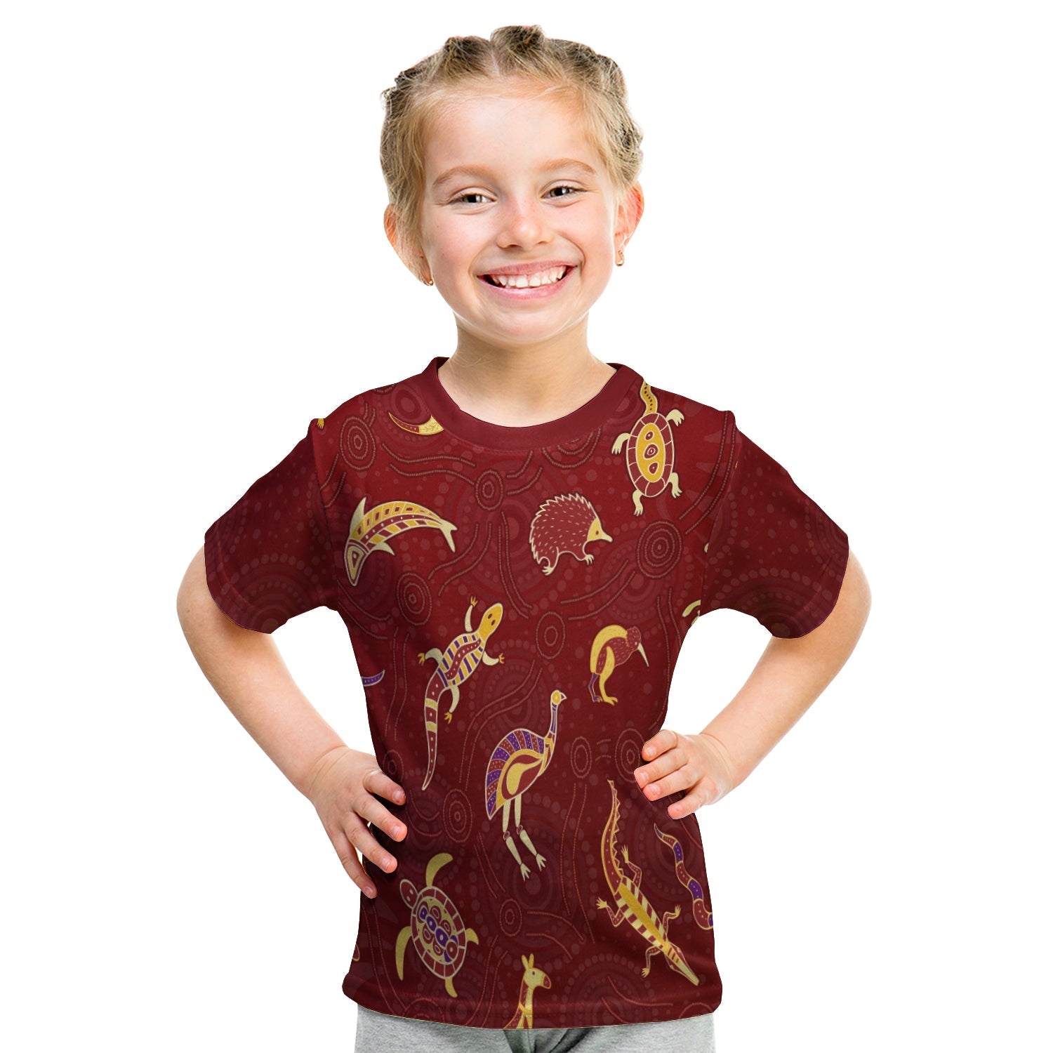 (Custom Personalised) Aboriginal Art T shirt KID Animals Australia Version Maroon - Vibe Hoodie Shop