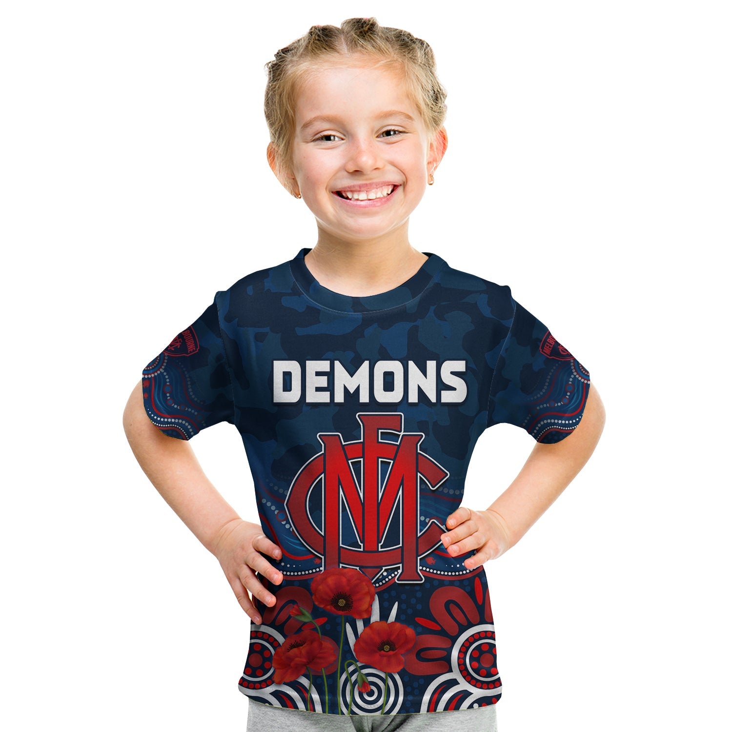 (Custom Text and Number) Demons ANZAC 2022 T shirt KID Melbourne Football Aboriginal Poppy - Vibe Hoodie Shop