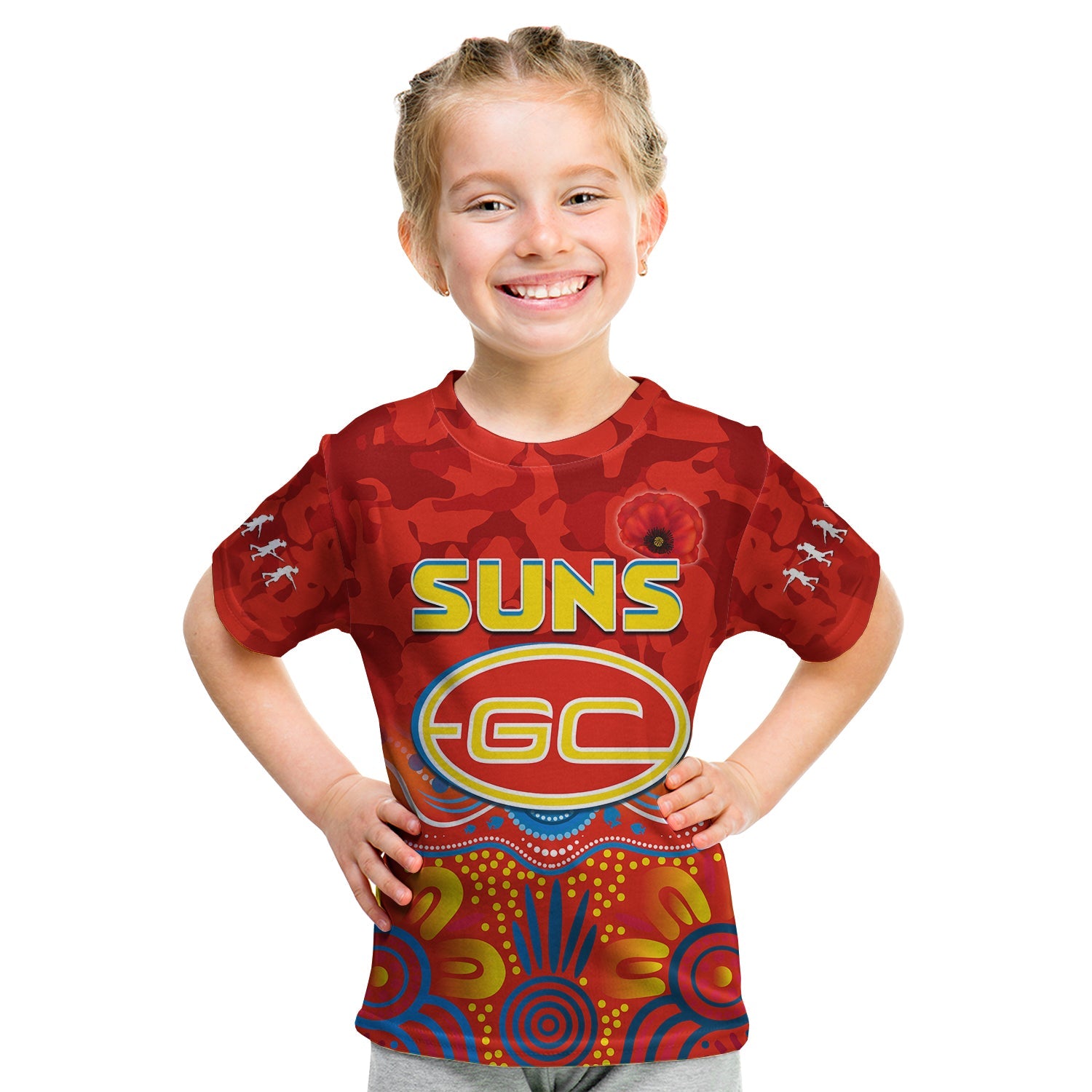 (Custom Text and Number) Suns ANZAC 2022 T shirt Gold Coast Aboriginal Poppy - Vibe Hoodie Shop