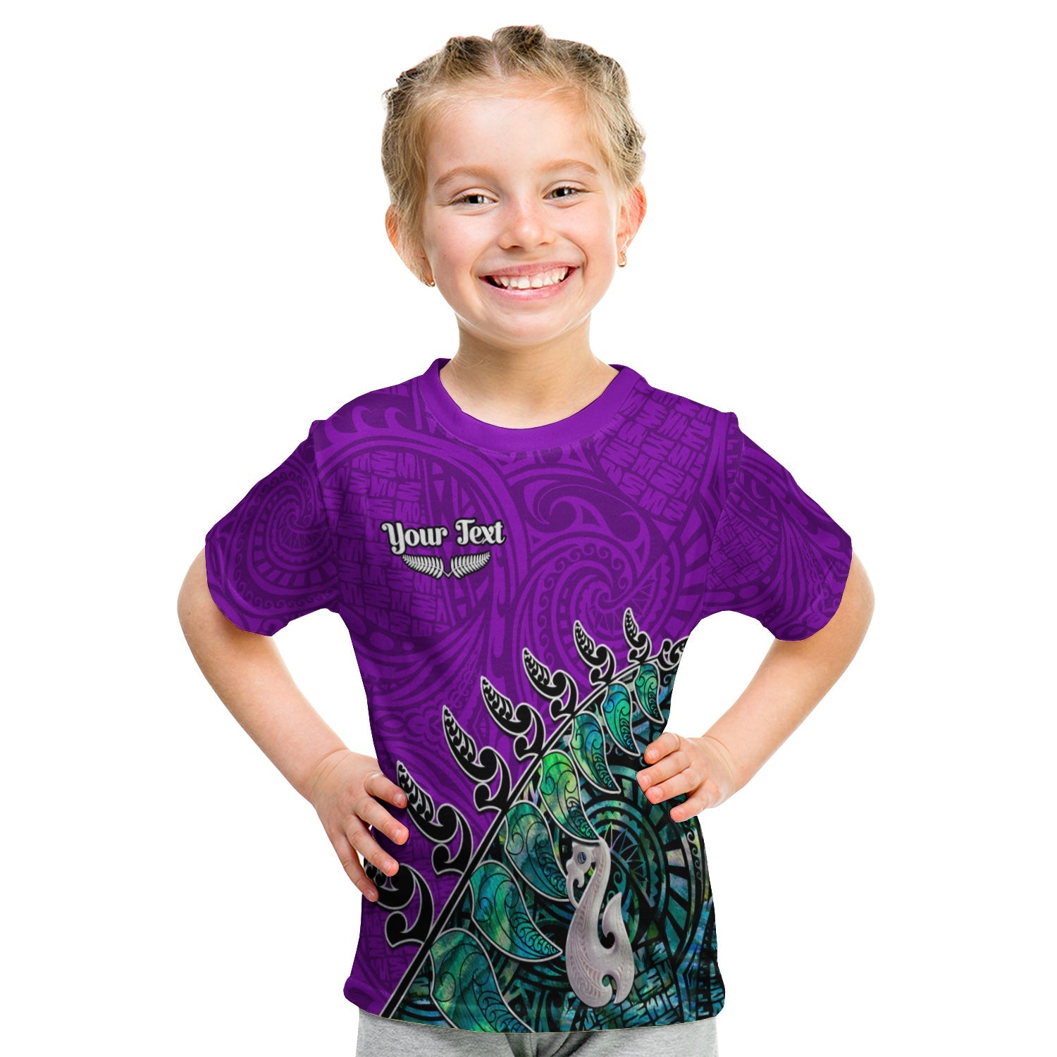 (Custom Personalised) New Zealand Maori T shirt KID Fern and Manaia Version Purple - Vibe Hoodie Shop