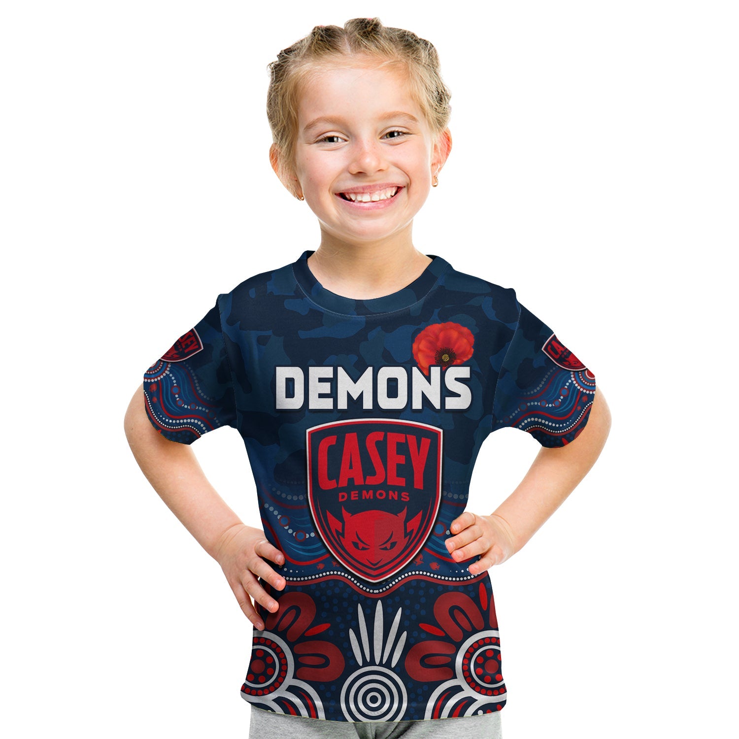 (Custom Text and Number) Demons ANZAC 2022 T shirt KID Casey Football Aboriginal Poppy - Vibe Hoodie Shop