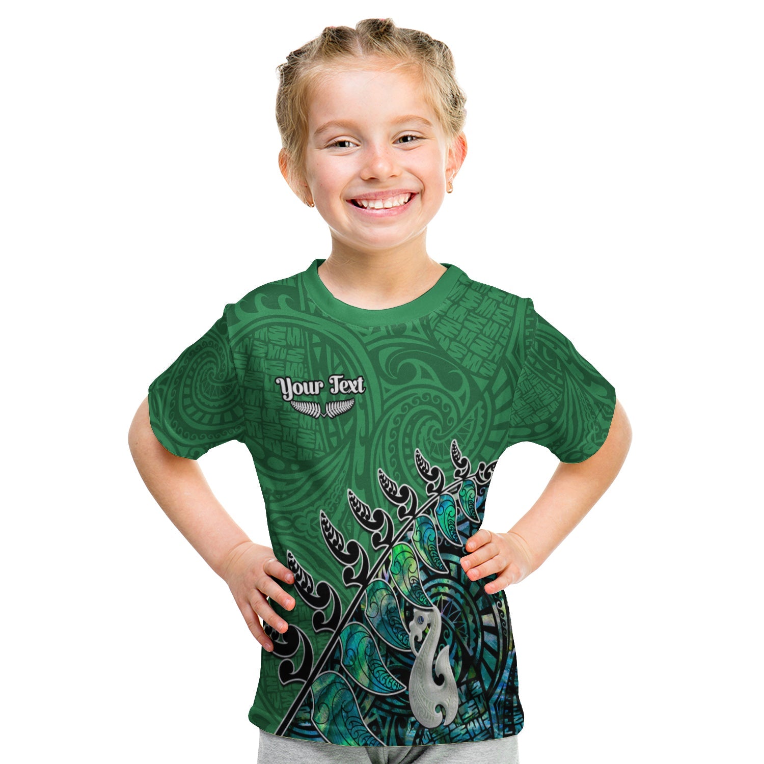 (Custom Personalised) New Zealand Maori T shirt KID Fern and Manaia Version Green - Vibe Hoodie Shop