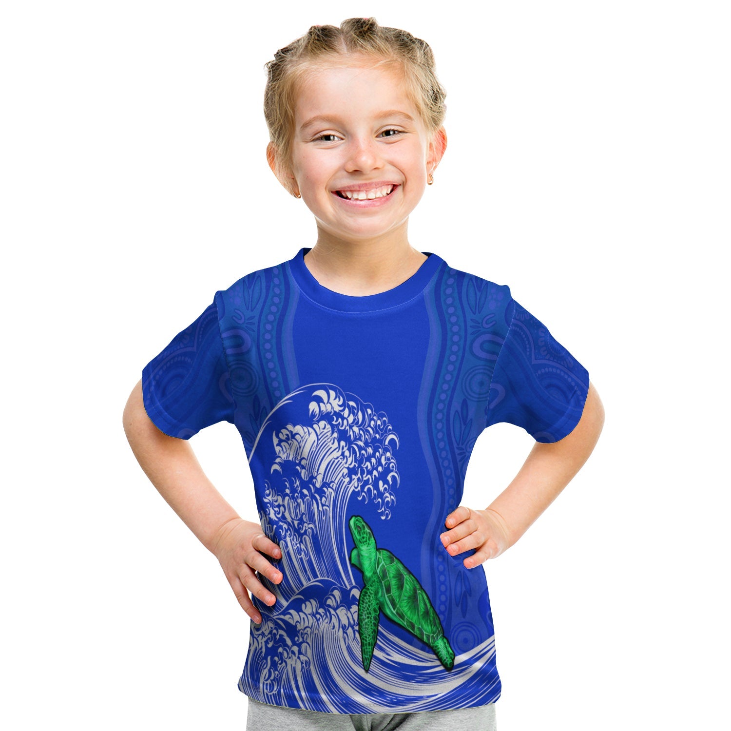 (Custom Personalised) Torres Strait Islands T shirt KID The Dhari Mix Aboriginal Turtle Version Blue - Vibe Hoodie Shop