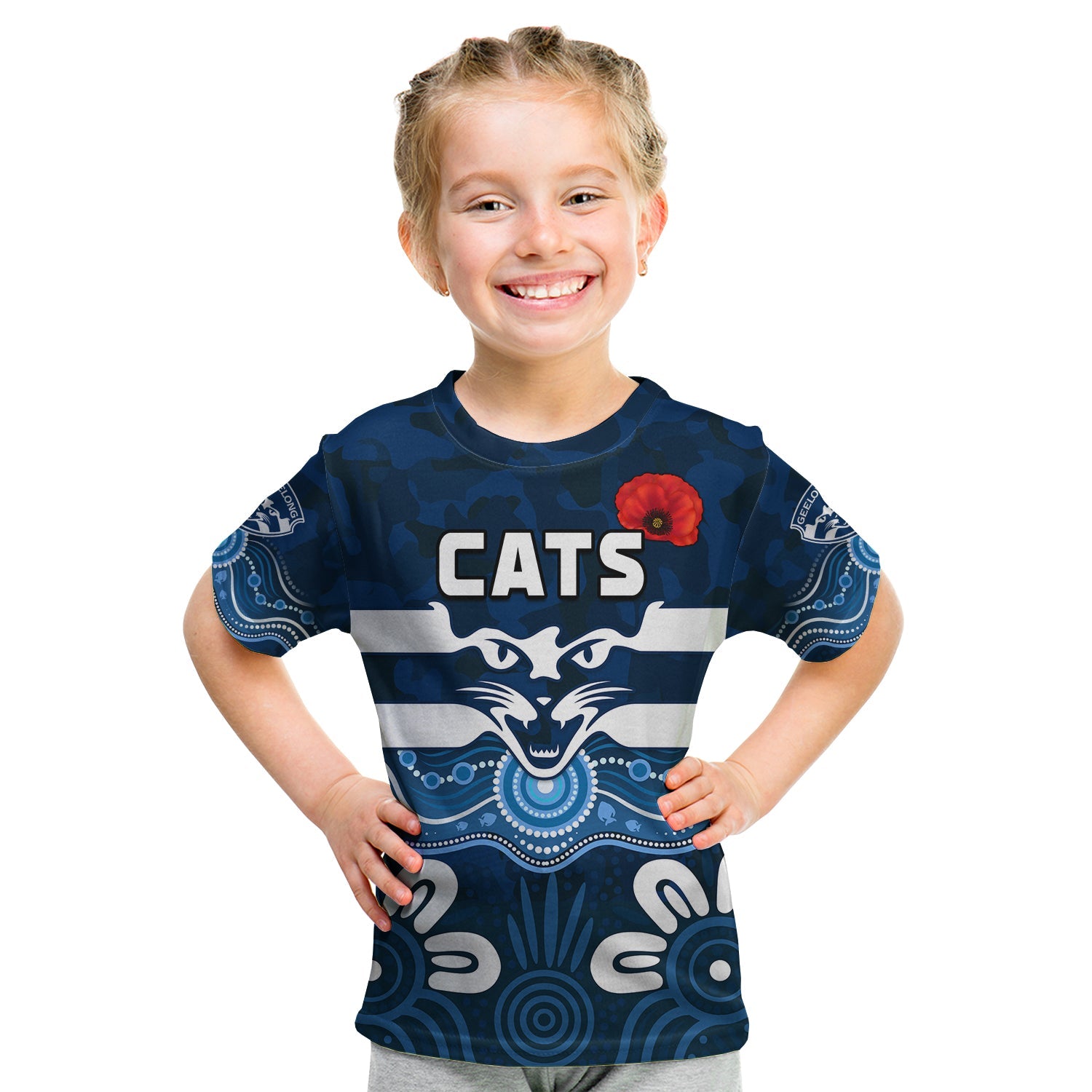 (Custom Text and Number) Cats ANZAC 2022 T shirt KID Geelong Football Aboriginal Poppy - Vibe Hoodie Shop