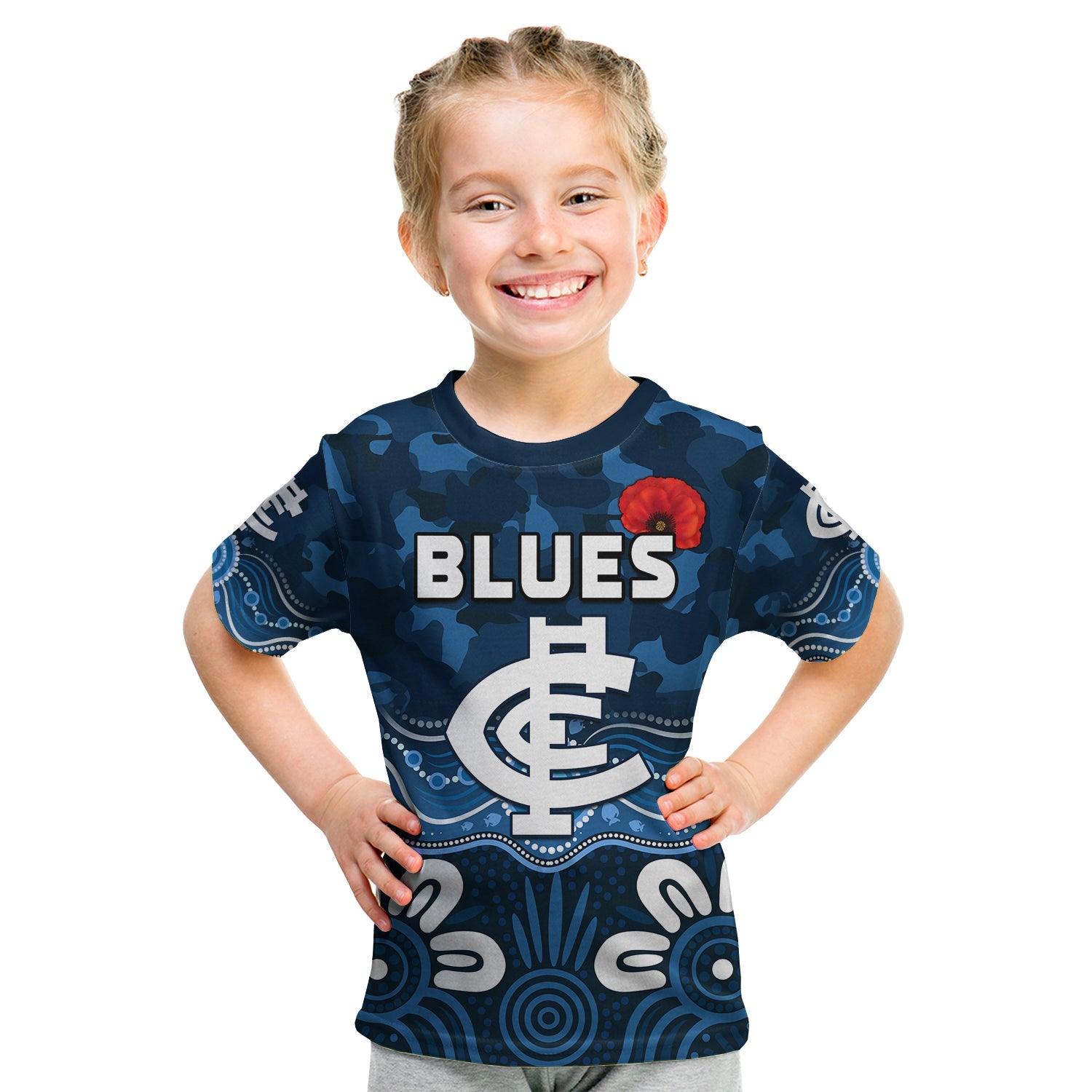 (Custom Text and Number) Blues ANZAC 2022 T shirt KID Carlton Football Aboriginal Poppy - Vibe Hoodie Shop