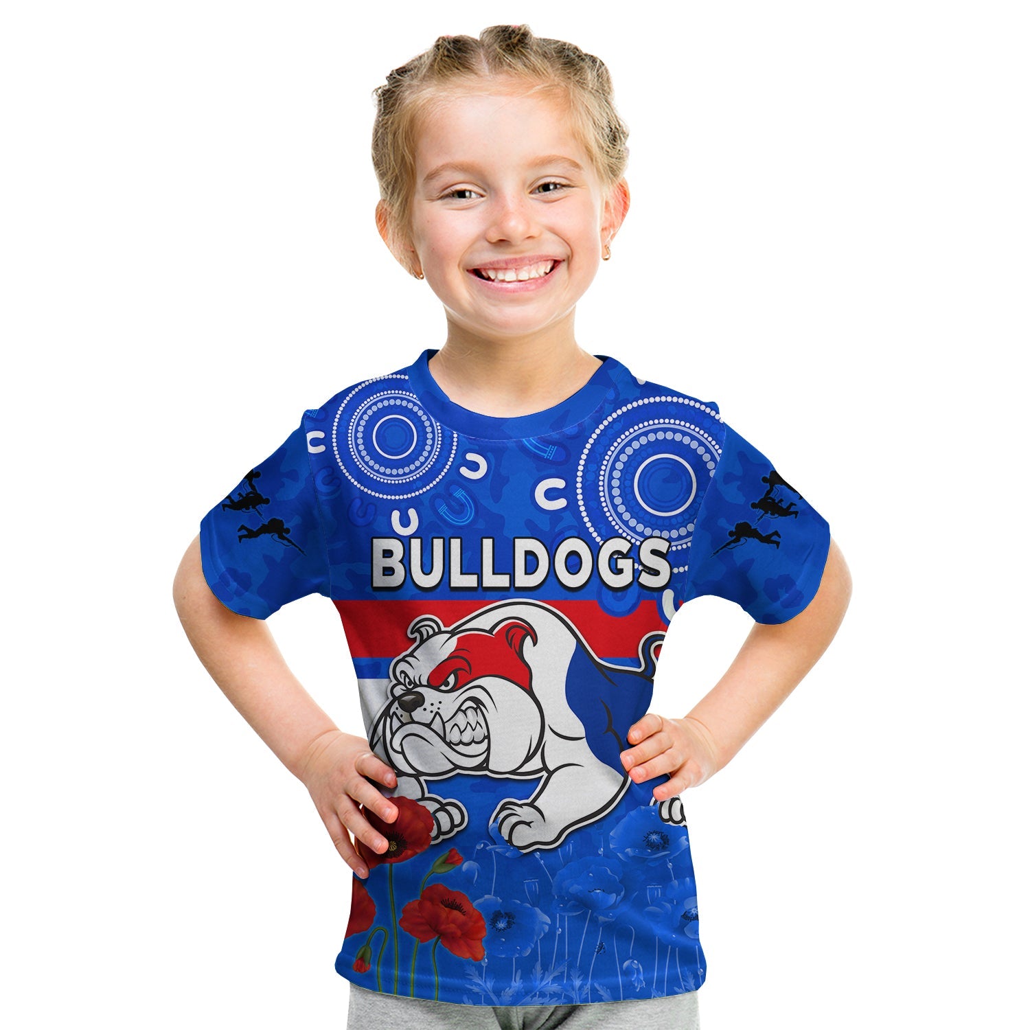 (Custom Text and Number) Bulldogs ANZAC 2022 T shirt KID Western Dogs Aboriginal Poppy - Vibe Hoodie Shop