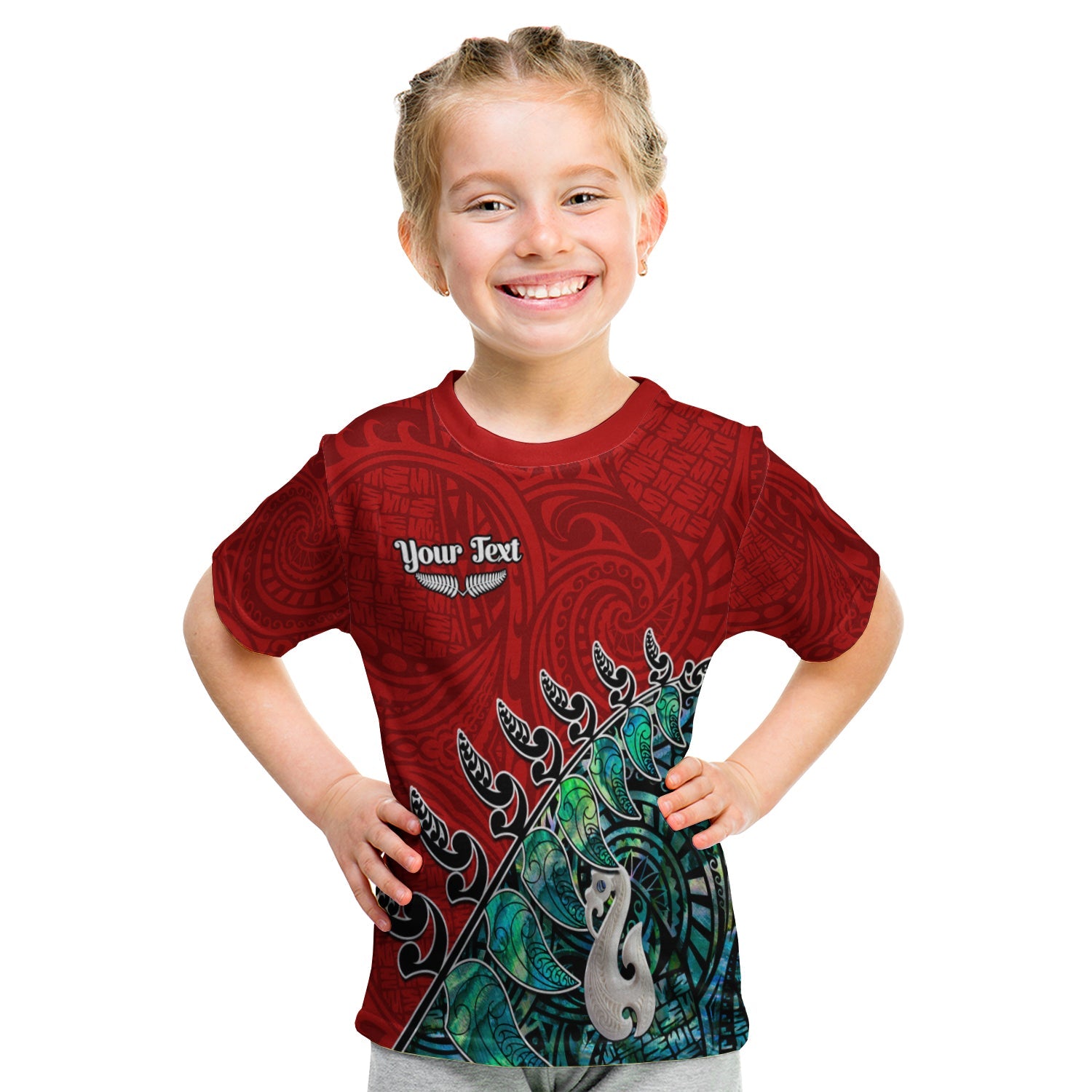 (Custom Personalised) New Zealand Maori T shirt KID Fern and Manaia Version Red - Vibe Hoodie Shop