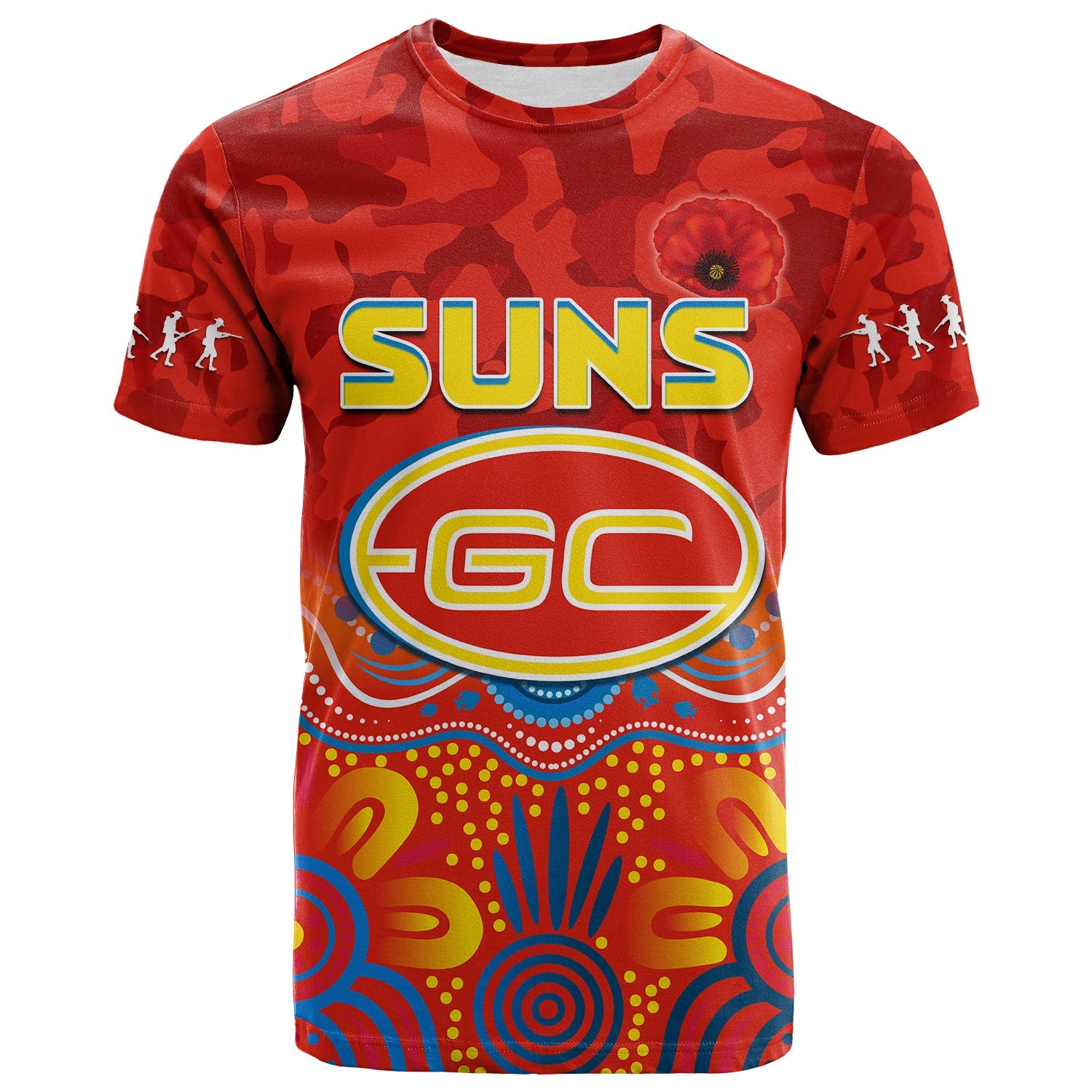 (Custom Text and Number) Suns ANZAC 2022 T shirt Gold Coast Aboriginal Poppy - Vibe Hoodie Shop