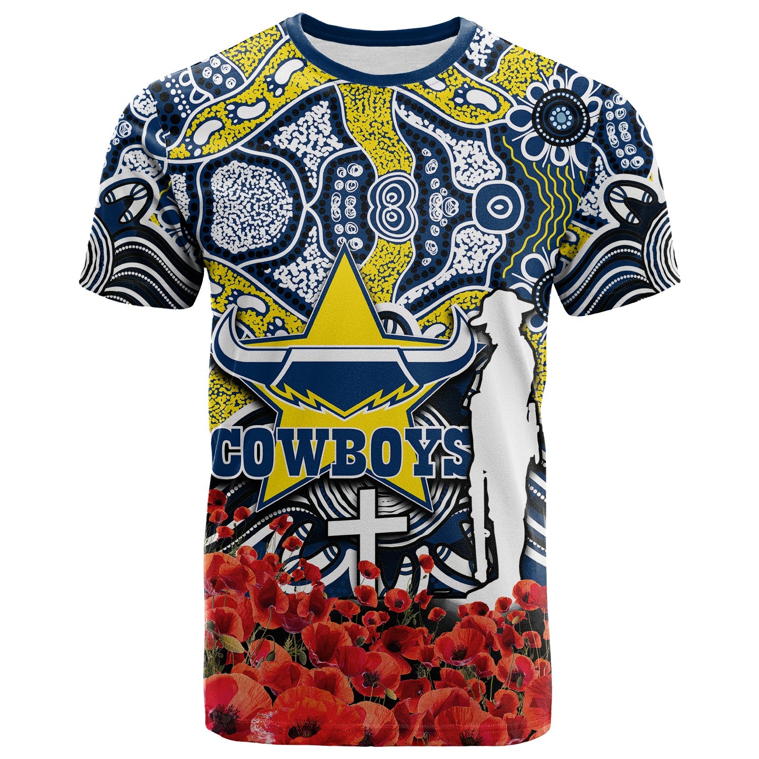Cowboys T shirt ANZAC Day Poppy Flowers With Aboriginal - Vibe Hoodie Shop