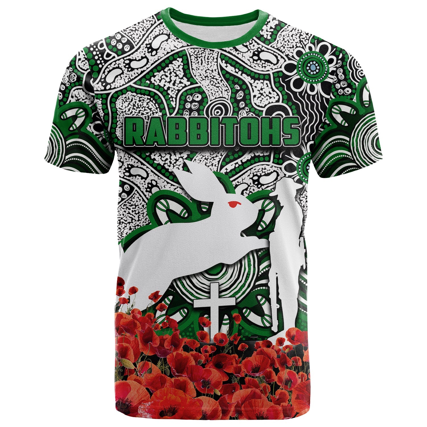 Rabbitohs T shirt ANZAC Day Poppy Flowers With Aboriginal - Vibe Hoodie Shop