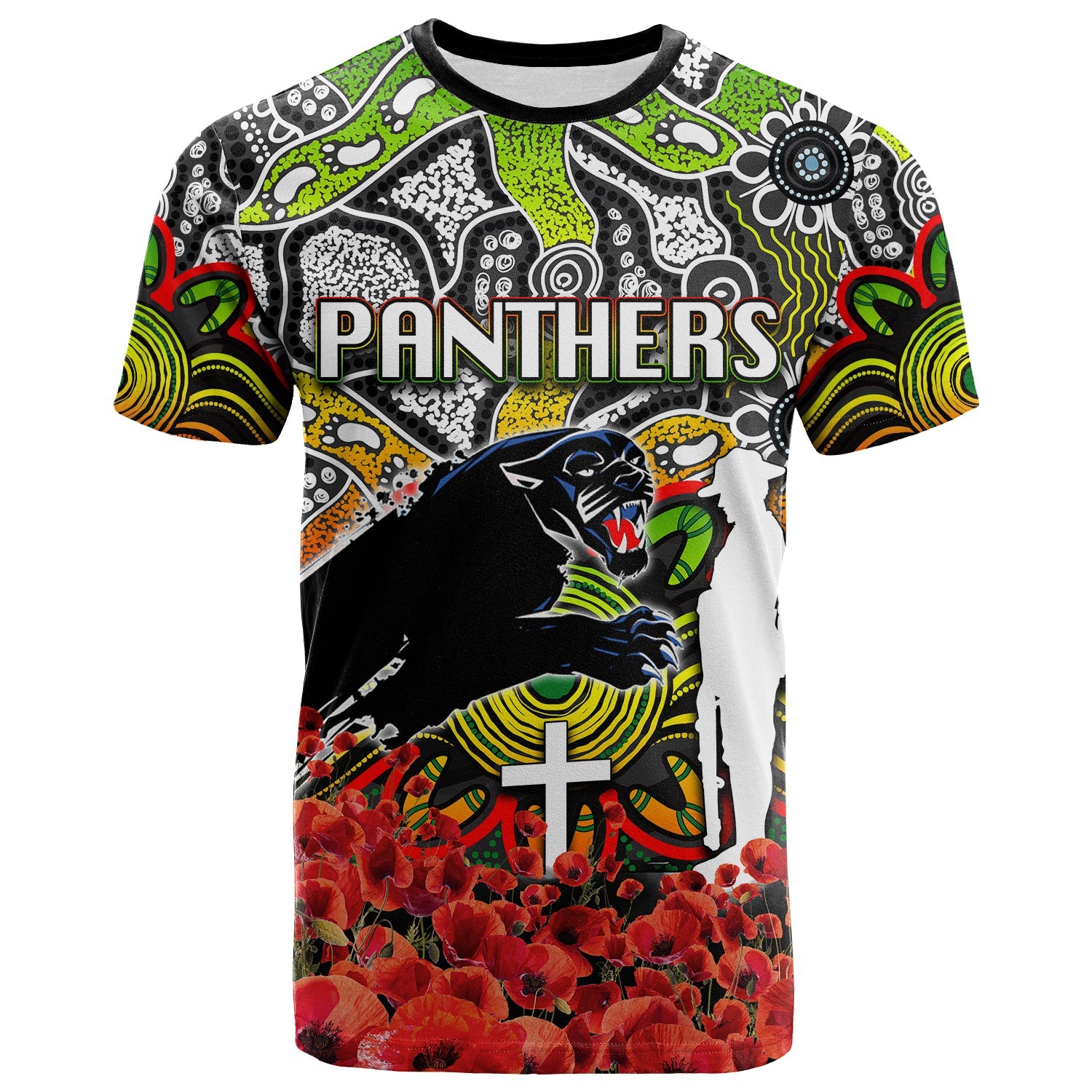 Panthers T shirt ANZAC Day Poppy Flowers With Aboriginal - Vibe Hoodie Shop