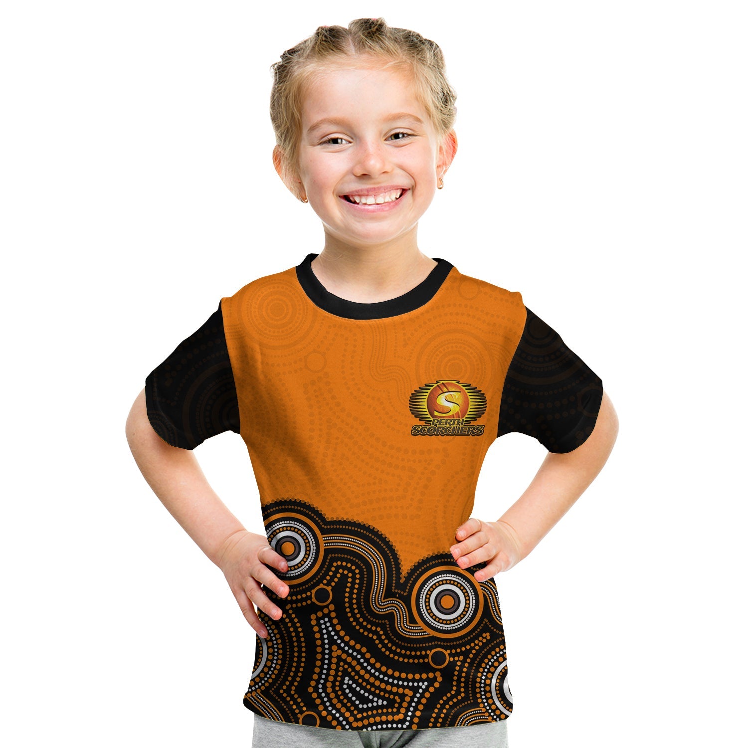 (Custom Personalised And Number) Perth Scorchers T shirt KID Cricket Aboriginal Style - Vibe Hoodie Shop