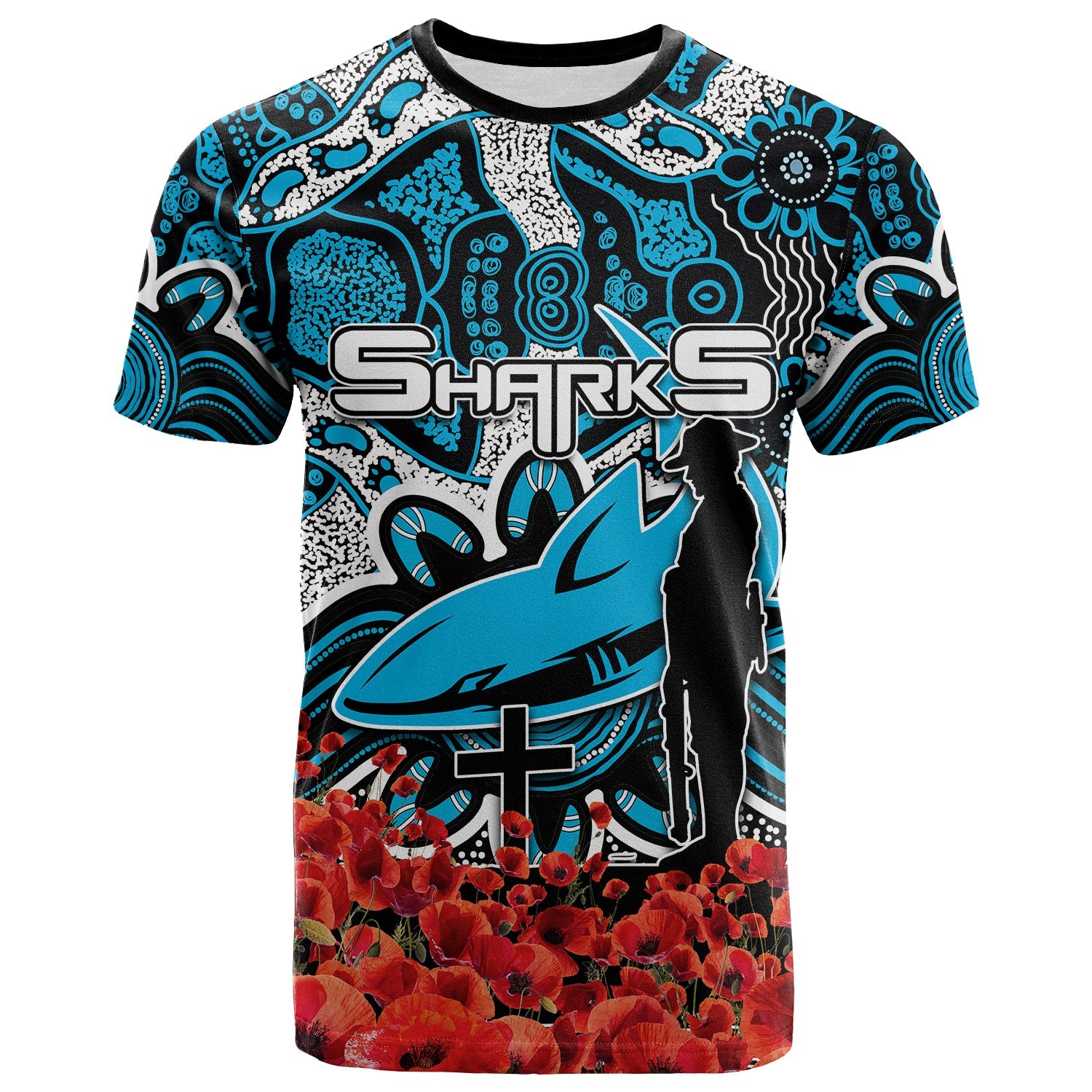 Sharks T shirt ANZAC Day Poppy Flowers With Aboriginal - Vibe Hoodie Shop