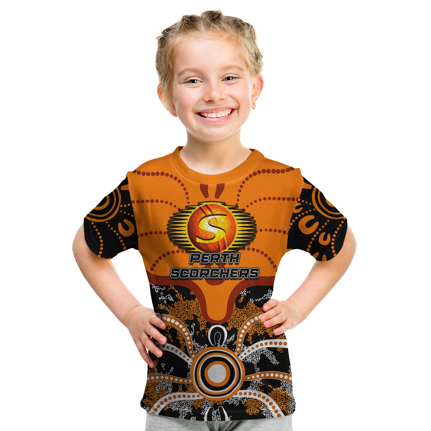 (Custom Personalised And Number) Perth Scorchers T shirt KID Cricket Dot Aboriginal - Vibe Hoodie Shop