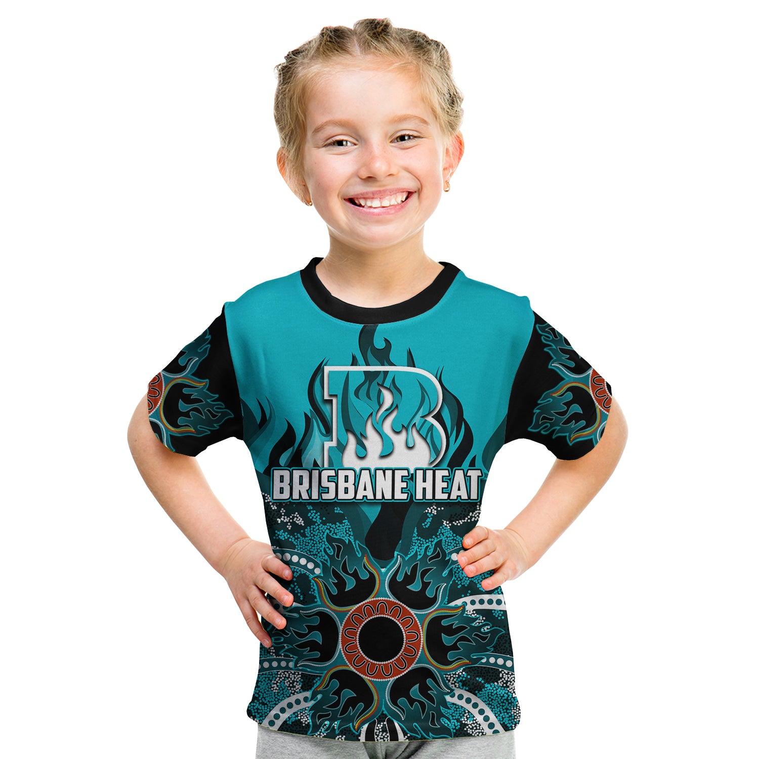 (Custom Personalised And Number) Brisbane Heat T shirt KID Cricket Dot Aboriginal - Vibe Hoodie Shop