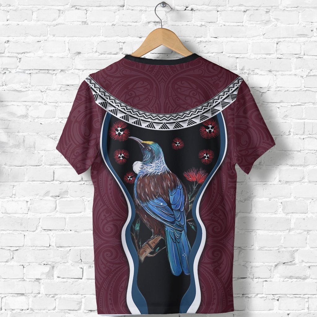 New Zealand Tui Bird T shirt, Pohutukawa - Burgundy - Vibe Hoodie Shop