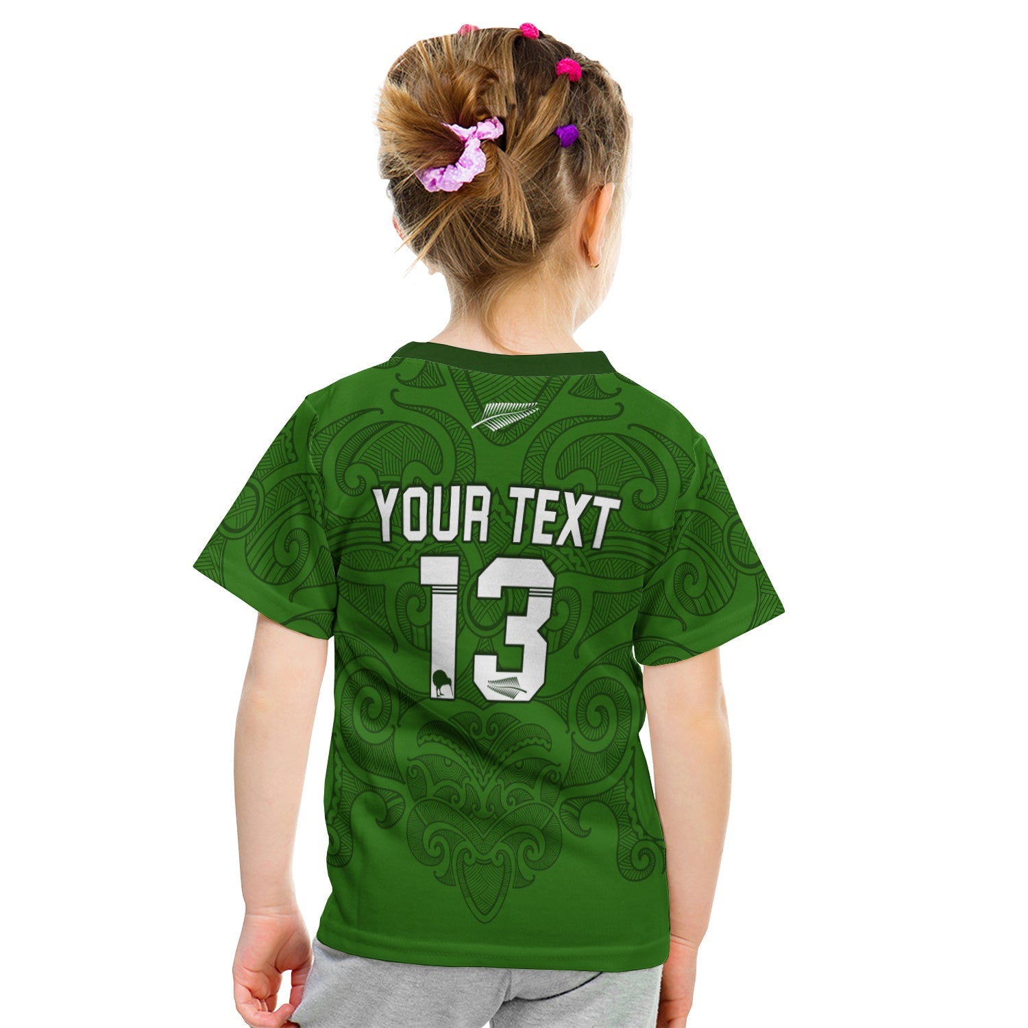 (Custom Personalised) Maori 2021 T shirt KID - Green Aotearoa Tattoo - Custom Text and Number - Vibe Hoodie Shop