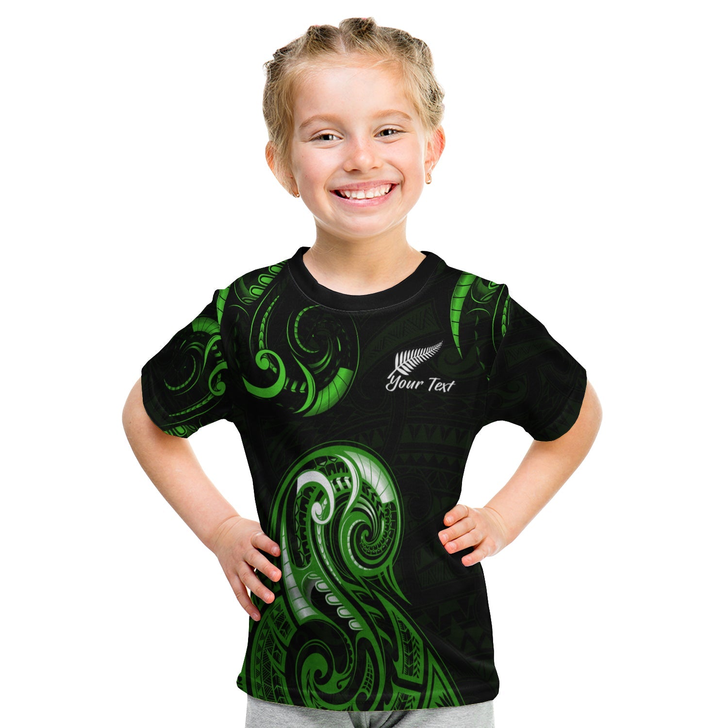 (Custom Personalised) Aotearoa Fern T shirt KID Maori Pattern Version Green - Vibe Hoodie Shop