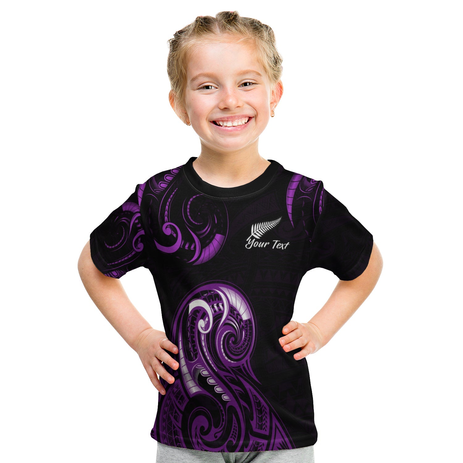 (Custom Personalised) Aotearoa Fern T shirt KID Maori Pattern Version Purple - Vibe Hoodie Shop